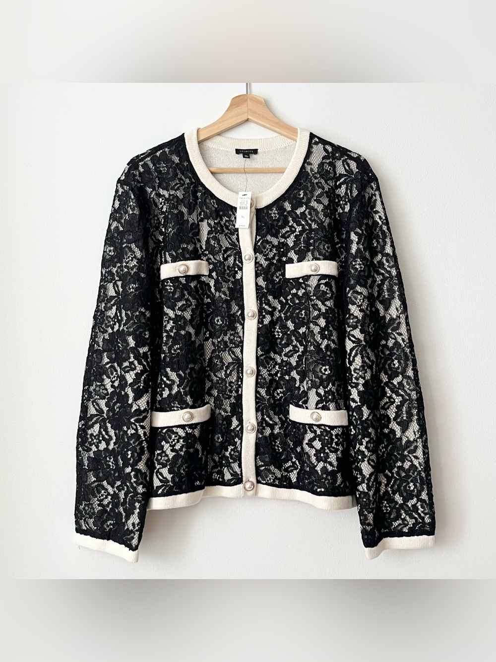NWT Talbots Women's Floral Lace Cardigan Sweater Black Ivory XL Pearl Buttons
